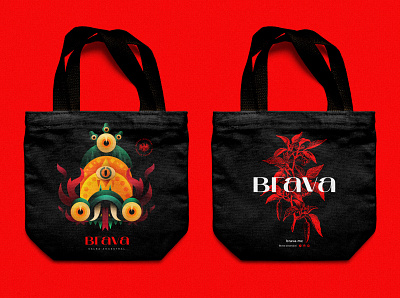 Branding Brava - Hot sauces bag bag desing black black and red brand brand identity brand illustration brava character chili pepper colombia flame hot sauce illustration character mexico prehispanic red red hot chili peppers sauce snake