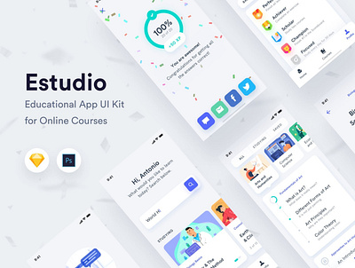 Estudio - Educational Mobile App UI Kit adobe adobe photoshop app app design app template design download illustration interface design mobile design photoshop photoshop template screen design sketch template templates ui user interface design ux web design