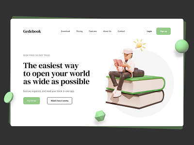 an Exploration Landing Page e-Library called Gedebook 3d 3d illustration animation book dailyui ebook elibrary figma illustration landingpage library startup ui uiux user experience user interface website