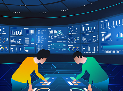 Control Room Illustration animation branding clean control dashboad design desktop futuristic graphic design hologrpahic illustration mesh gradient monitor people ui ux