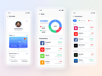 Mobile UI Kit for Wallet, Finance, Banking App. Profile | Stats app app design app designer banking app bill pay bitcoin crypto currency e wallet finance app mobile ui mobile ui kit money app money management profile send money stats transactions ui design ui kit wallet app
