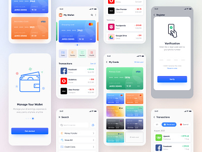 Mobile UI Kit for Wallet, Finance, Banking App. app app design app designer banking budget credit card cryptocurrency currency e wallet finance mobile app mobile ui money money management money transfer pay bill payment transaction ui kit wallet