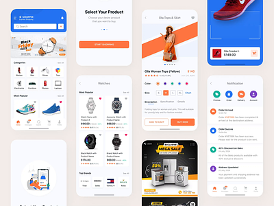 Shoppir - Shopping & E-commerce App Design UI Kit app app design app designer e-commerce fashion mobile mobile app mobile ui notification online shopping product design product page scan shoes shopping store app ui design ui kit user interface watch