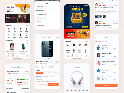 Shopping App Design app cart checkout clean clothes e-commerce ecommerce elegant fashion feedback furniture mobile orange product ratings reviews shopping sort ui ux