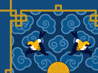 Golden Sparrows - Detail blue digital illustration flat style gold historical illustration line pattern surface vector