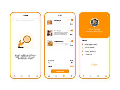 Food App Search, Cart & Profile UI Design
