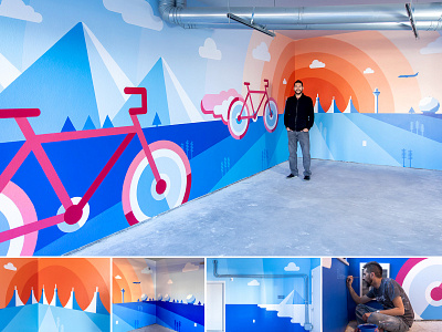 Elevate at Peña Station Mural Final airplane airport artist bicycle bicycles bike shop clouds denver denver airport illustration landscape mountains mural mural design murals painting sunrise sunset vanishing point wall art