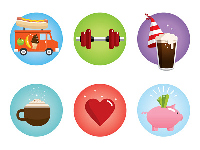 Amenities beer coffee food truck heart hot dog ice cream icons illustration piggy bank vector