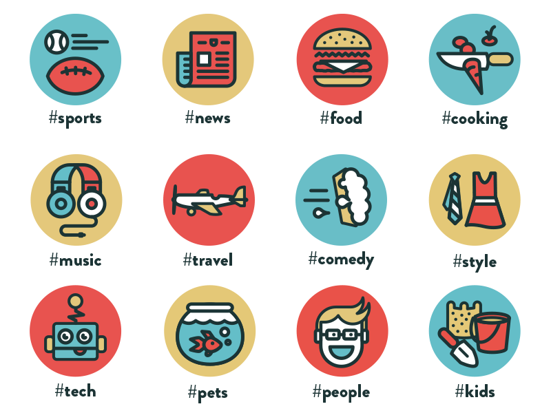 Tag Icons tricolor tag icons sports news food cooking music travel comedy style tech pets people kids