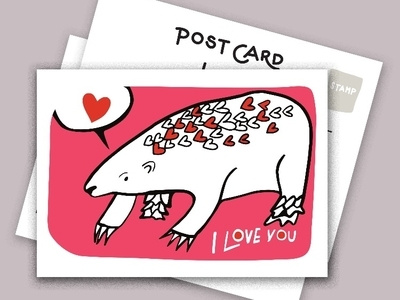 Postcards series “send more snail mail’ handlettering hearts illustration pangolin postcards