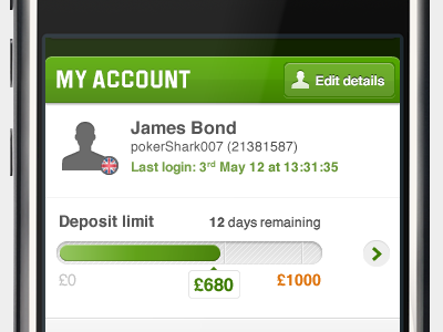 My Account with deposit limit account gaming green mobile ui web