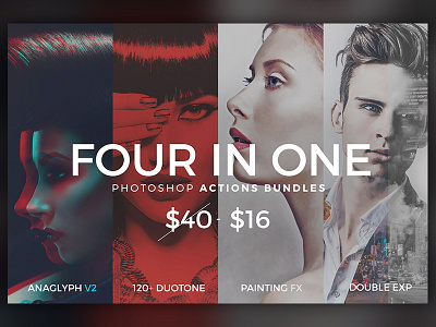 4 in 1 Photoshop Actions Bundles actions addons adobe double exposure filter kit photoshop plugins style templates