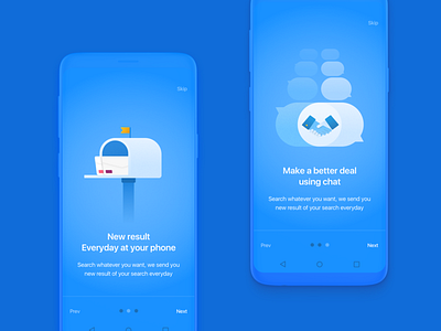 Onboarding for Sheypoor blue chat chat bubble discover icon illustration intro mailbox mobile notification onboarding save search search ui