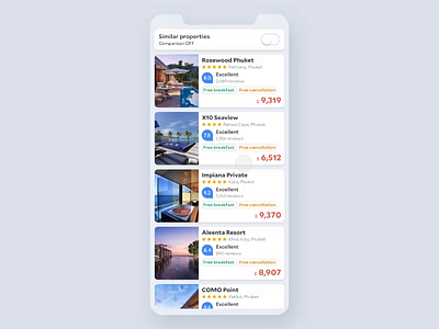 Comparison mode on hotels agoda calendar comparison comparison chart component concept data find similar hotel app interaction personalization swipe table