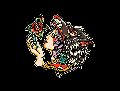 Lady wolf apparel design artwork badgedesign brand clothing brand clothing line commission design graphicdesign illustration merch design neotraditional oldschool tattoo teedesign traditional tattoo vector