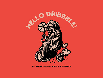 hello dribbble! apparel design artwork branding design design enjoy grim reaper hello dribbble illustration invitation simple design skull vintage