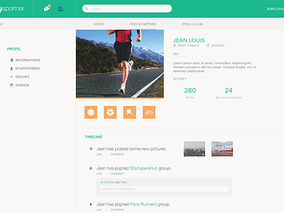 mySportner - Profile (aperçu) design flat green minimalist mysportner network orange page profile social startup website