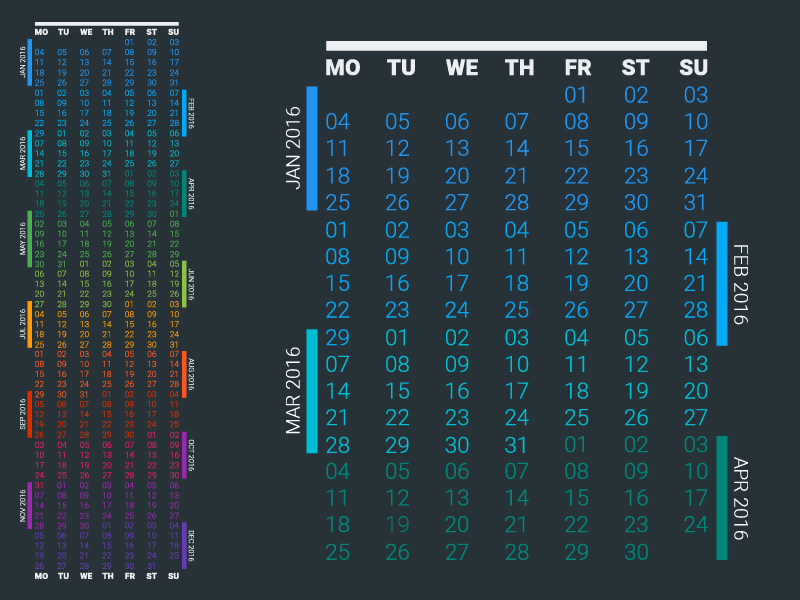 Free Vector 2016 Continuous Calendar (PNG + PSD) day date grouped monthly free calendar continuous vector psd png