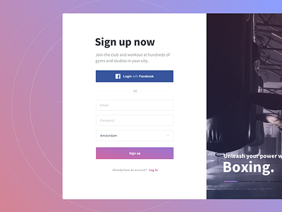 Unleash your power! clean design facebook fighting gradient gym log in minimal onboarding photo sign up sign up now social login sports ui web webdesign website white workout