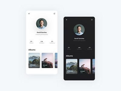 Profile - Photography App albums android app clean dark detail detailpage ios light minimal mobile mobile app mobile app design overview photos profile simple ui user interface white