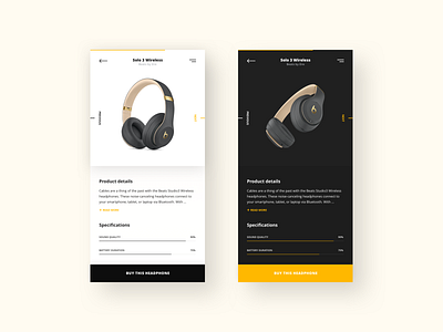 Beats by Dre - Product details abstract android app app ui beats by dre black clean dark details headphones ios light mobile mobile app product detail product details specifications theme ui yellow