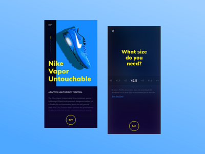 Shoe product page - Select your size! abstract android app blue bold buy dark horizontal ios mobile mobile overlay mobile ui nike nike air overlay pay product selector size webshop