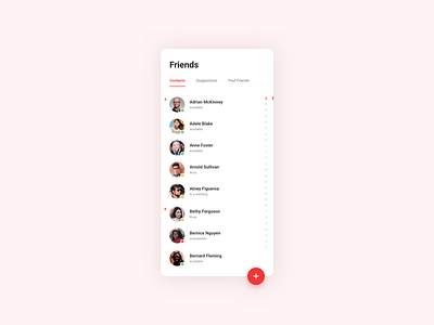 Friends overview android app available clean contact daily find friends friend list friends ios light list minimal mobile profile profile image red selector suggestions white