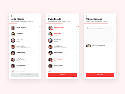 Invite friends for a workout android app app concept app flow clean flow invite invite friends ios message minimal mobile mobile app multi select phone app select select friends white write write message