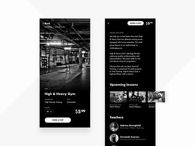 Gym Booking App abstract app art black black white book app booking clean concept dark detail page gym interface price pricing product detail schedule sport teachers workout