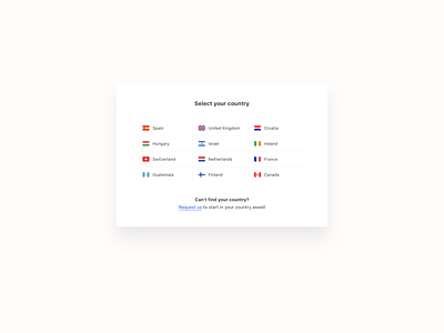 Country Selector - Module clean country country flags country selector design flags link minimal ui module overlay ui overlays overview screen overview ui request request us select country selector ui design web ui widget
