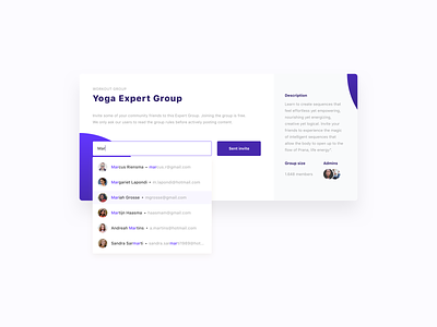 Yoga Expert Group - Invite Friends / Users add friends add members add ui app concept email email invite expert group find members group invite group ui groups invite friends invite ui invite users sent invite web design web ui web ui design widget ui