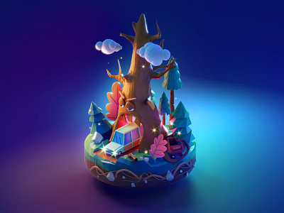 Hungry tree at night 3d 3d art cartoon design designs forest illustration isometric low poly lowpoly scene