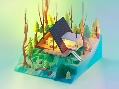 Cabin in woods 3d 3d art cgi design forest house illustration isometric low poly lowpoly
