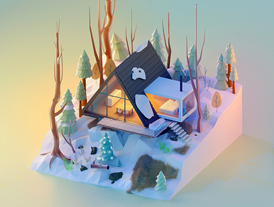 Cabin in the woods, winter. 3d cgi design forest home house illustration isometric low poly lowpoly