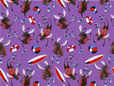 Moose on the Beach apparel design beach design illustration moose pattern purple repeat roller skating
