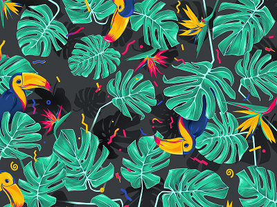 Toucan Do It birds flower illustration leaves monstera pattern repeat toucan