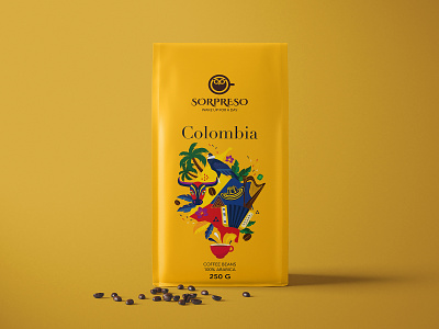 Sorpreso Coffee Package Colombia coffee coffee beans coffee packaging coffeeshop colombia colombian illustration colorful design modern design national package design playful package sorpreso sorpreso yellow design