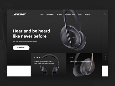 Bose Website clean design commercial dark theme header headphones luxury design modern design music shop sound speakers ui ux website design