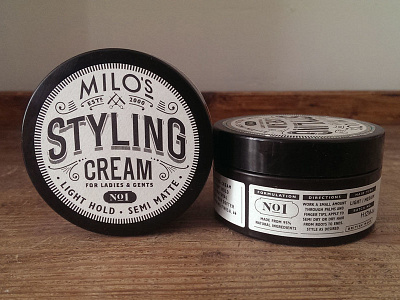 Milo's Styling Cream branding lettering packaging vintage
