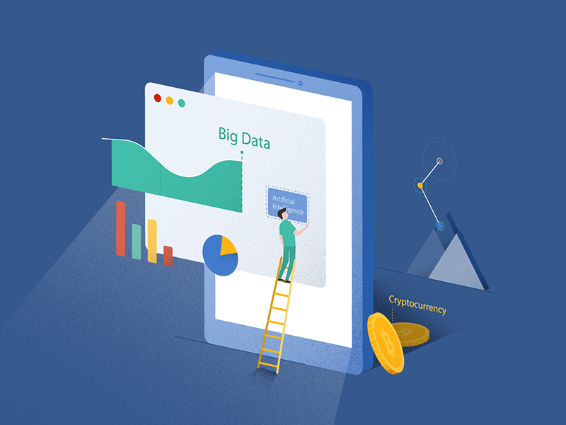 Tech Trends graph bitcoin character big data mobile tech illustration