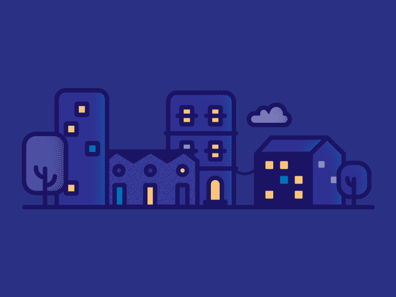 City at Night night lights energy trees buildings houses city illustration
