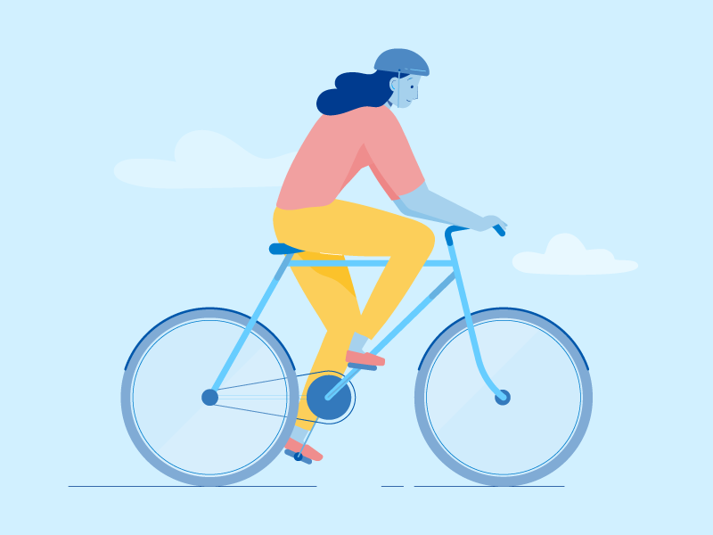 Cycling animation woman wheels bicycle character illustration