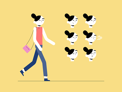 Character Testing 2d animation process character character design design expression face flat frown geometrical illustration illustration for animation illustrator line look and feel moodboard smile vector walking woman