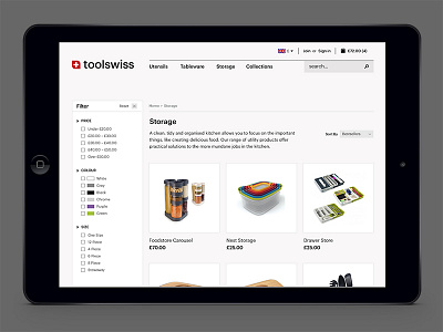 Toolswiss Responsive Website clean cookware modern refined responsive swiss tablet utensils website