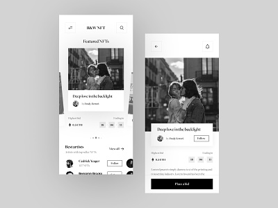 NFT marketplace for black and white photography app black and white crypto gallery marketplace minimal nft photography uidesign