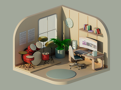 3D Living Room | Isometric Model 3d 3d room 3dworkspace arnold render cinema4d design drumset isometric model rozov wnbl