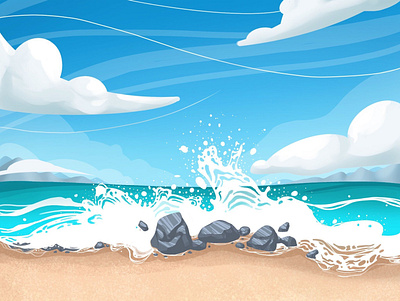 Sea illustration (background for app) 2d art calm picture cartoon clouds digital art drawing hand drawn illustration illustrator sand sea sky water waves