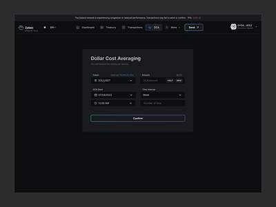 Zebec Protocol - Automated Dollar Cost Averaging dashboard design ui