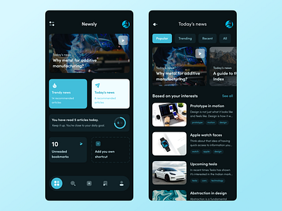 Newsly – Mobile App app blue dark theme design minimal mobile news newsfeed ui