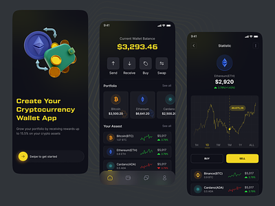 Crypto Wallet Mobile App app bitcoin blockchain crypto exchange crypto investment crypto landing page crypto trading cryptocurrency dark exchange finance fintech product design staking crypto trading ui ux wallet